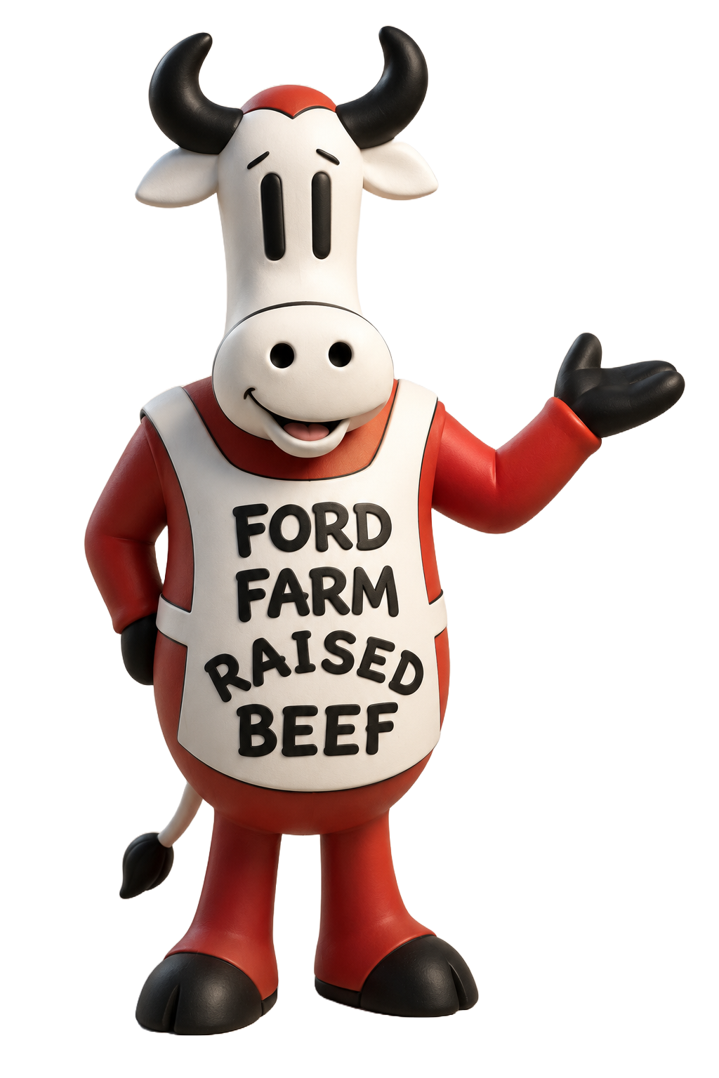 Ford Farm's 3D cartoon cow mascot, wearing a red Ford Farm Raised Beef apron