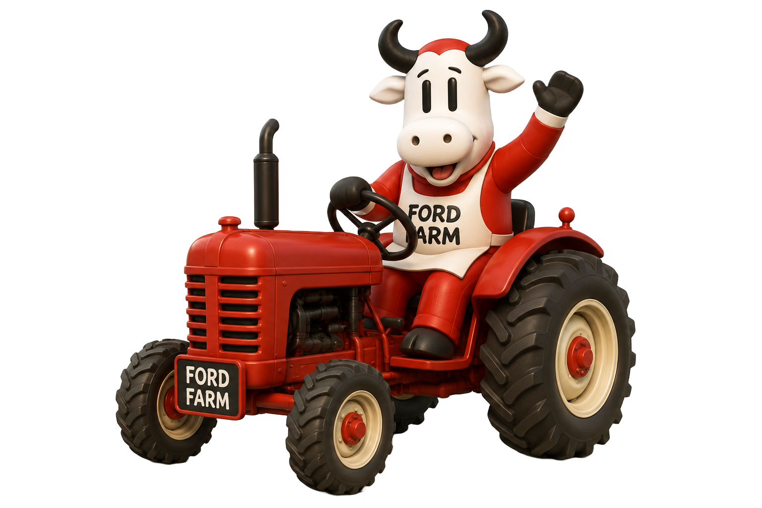 Ford Farm's tiny mascot cow driving a tractor